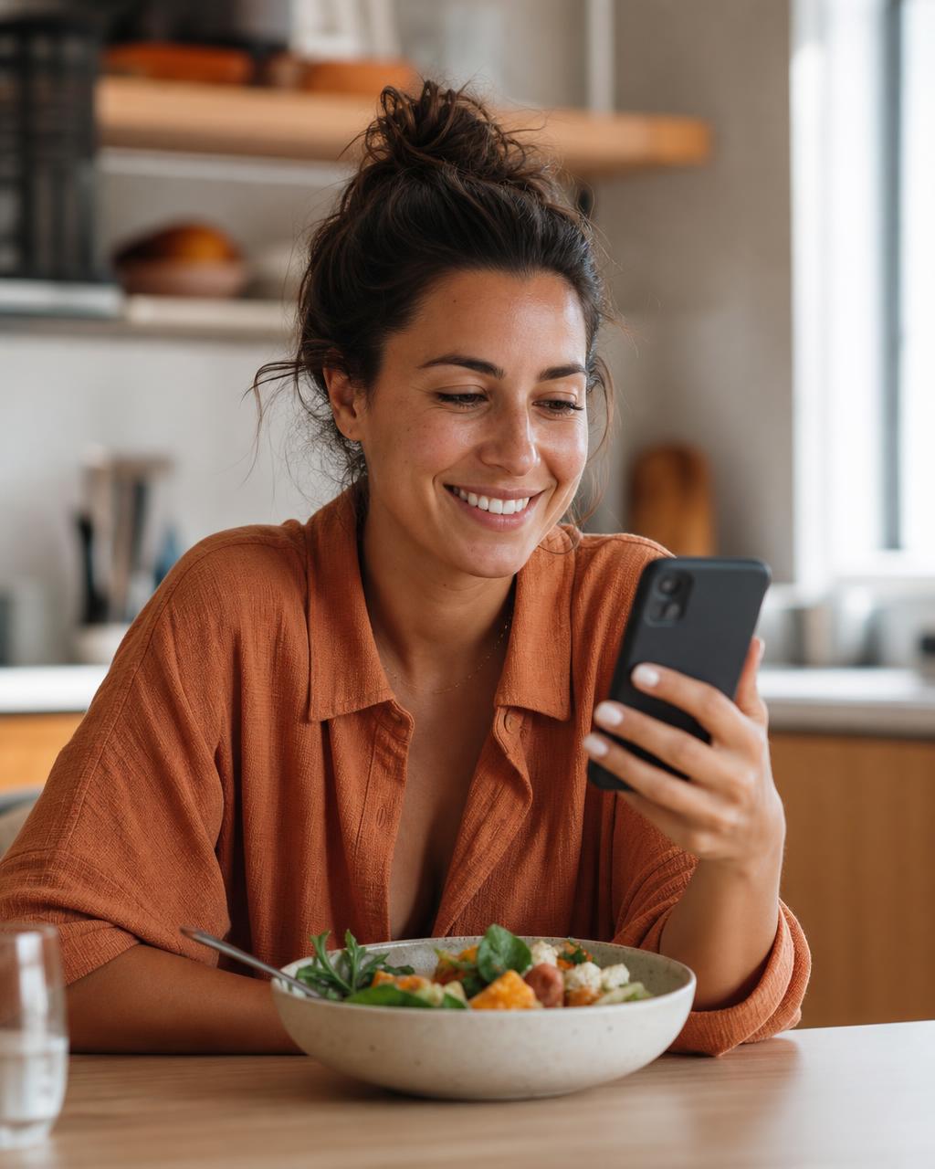 Pessoa fotografando o prato com o celular para registrar a refeição