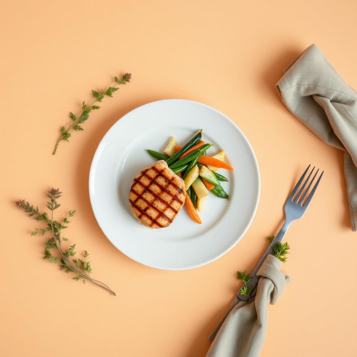 Prato de frango grelhado com legumes no vapor visto de cima